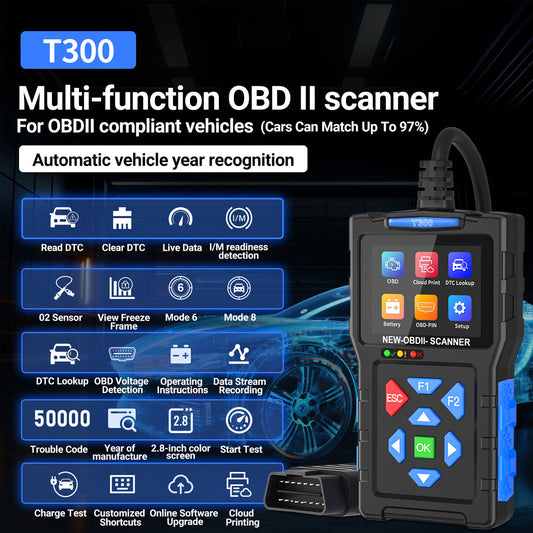T300 OBD2 Scanner Car Diagnostic Tool - Engine Codes, Live Data, Battery Test, OBDII Code Reader
