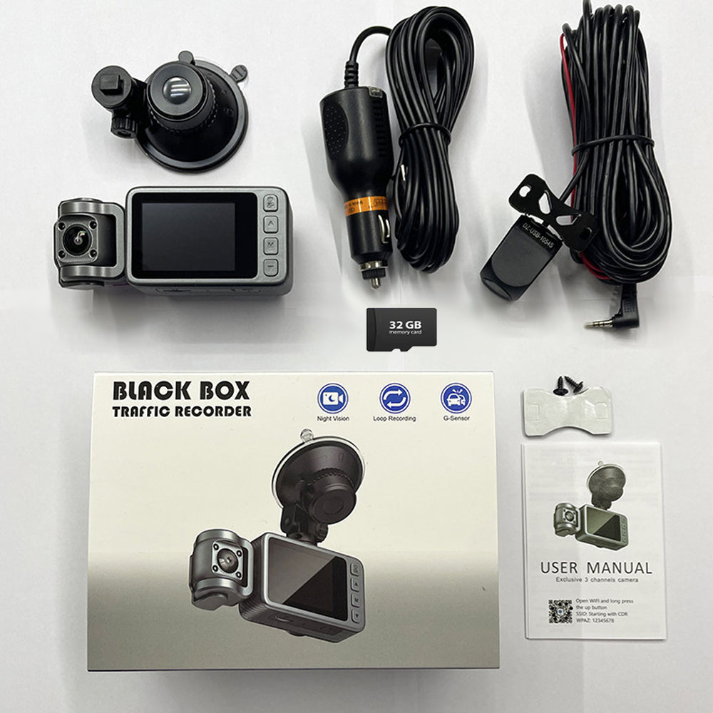 4K Triple Lens Dash Cam Front Cabin Rear Camera WiFi 32GB Card