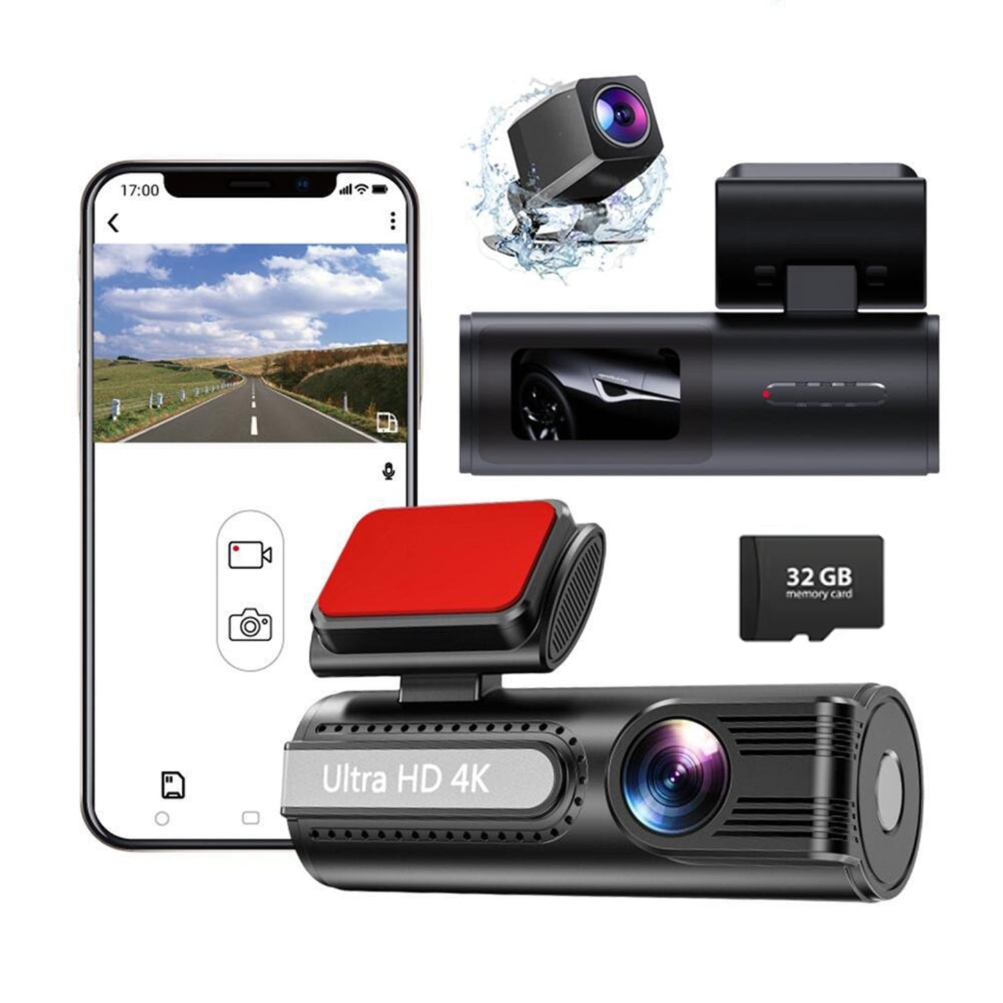 4K WiFi Car Dash Cam Dual Lens Wide Angle IPS Screen Night Vision Recording with 32GB Card
