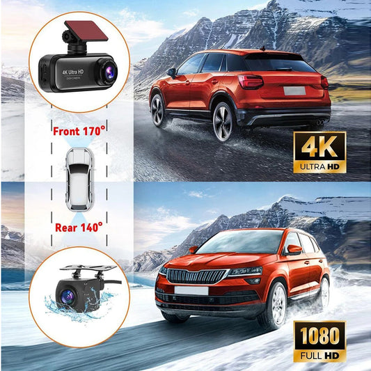 4K WiFi Front and Rear Dual Dash Camera with GPS Hardwire Kit 64GB Card
