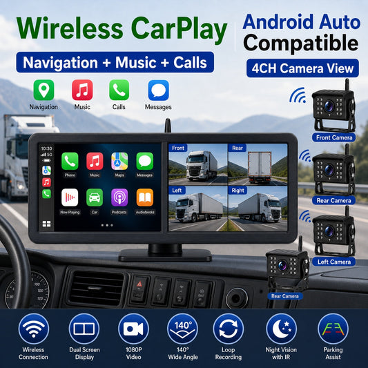 15.88'' 4CH CarPlay Wireless Truck Monitoring System Wi-Fi BSD Alert Night Vision Cameras