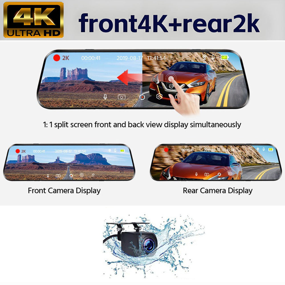 10” 4K Mirror Dash Cam, 2K Rear Camera, WiFi GPS ADAS BSD, Stream Media, 64GB Included