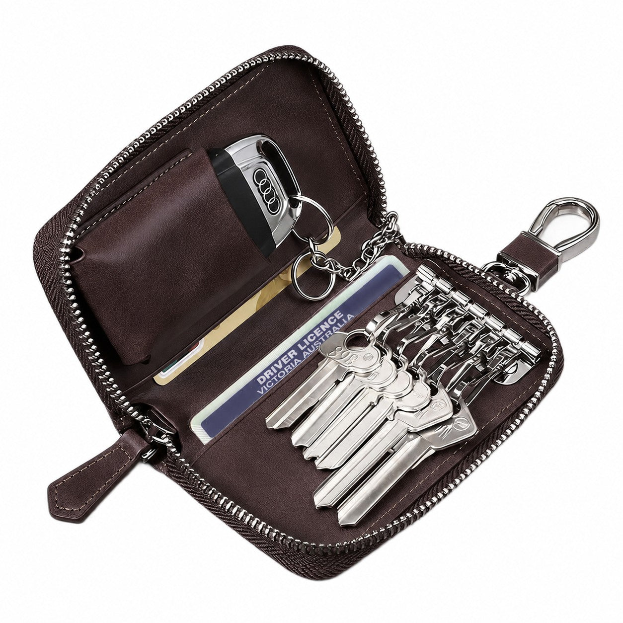 Leather-Look Car Key Organiser Pouch with Zip & Clip – 3 Colours Key Bag – product detail image 11