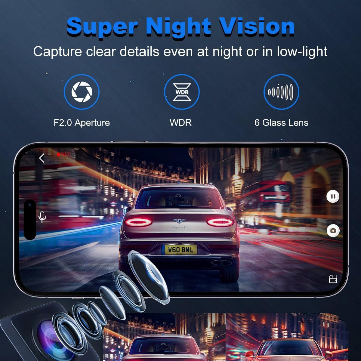 4K Wifi Dash Cam Front, 1080P In-Car Rear Dual Recording with GPS 64GB Card