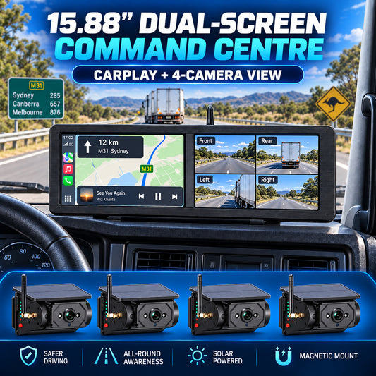 MCNE 15.88-inch dual-screen CarPlay truck camera system showing four camera views