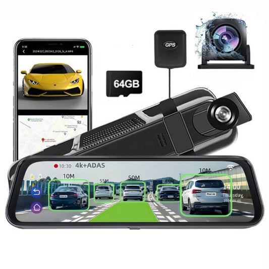10” 4K Mirror Dash Cam, 2K Rear Camera, WiFi GPS ADAS BSD, Stream Media, 64GB Included