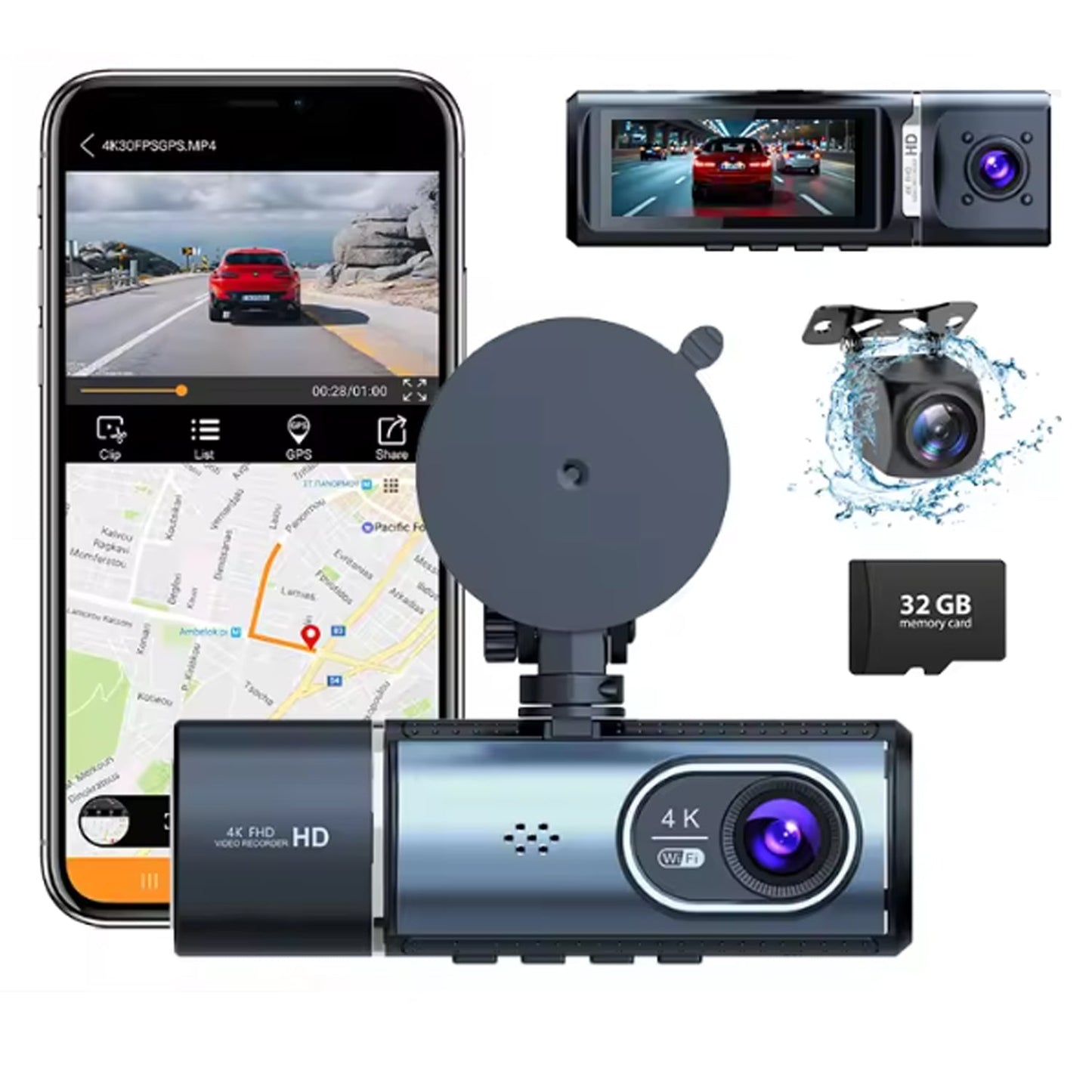 3 Channel 4K+1K+1K Dash Cam WiFi Car DVR Interior Cabin Camera Recorder with 32G Card