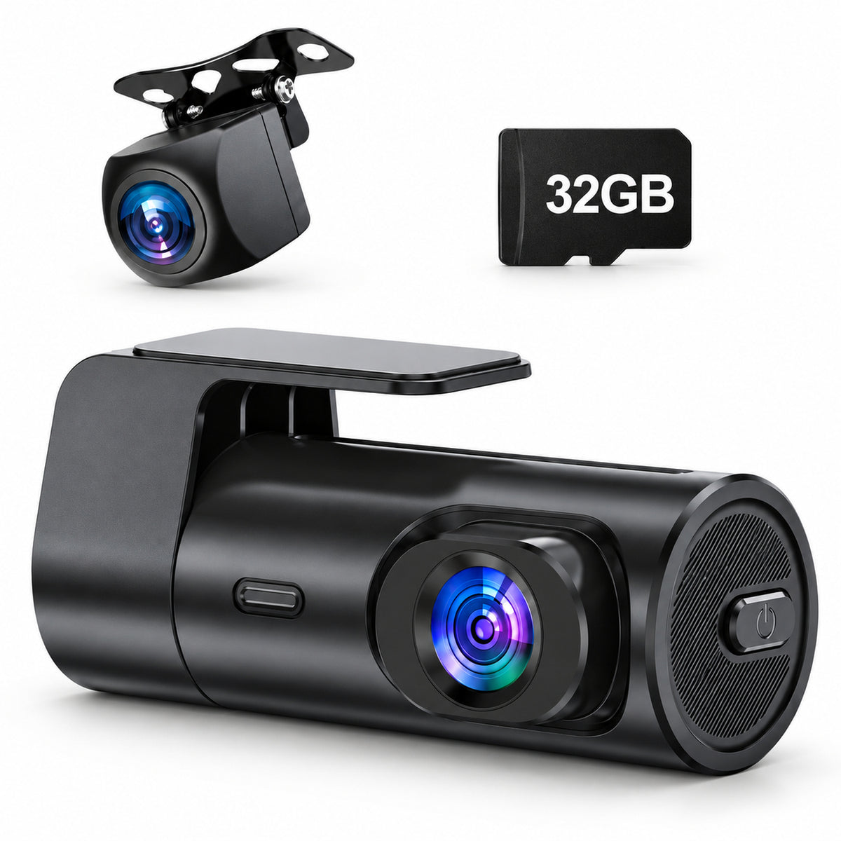 MCNE dual 4K dash cam kit with front recorder, wired external rear camera and included 32GB card on a white background.