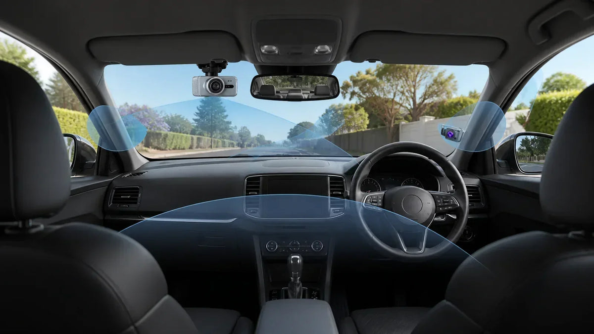 Multi-channel dash cam coverage showing front, cabin, rear and side views