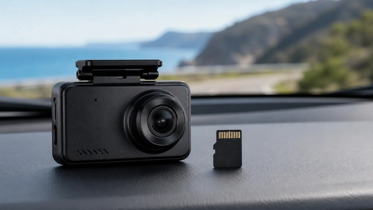 Dash cam and microSD memory card arranged on a clean automotive interior background