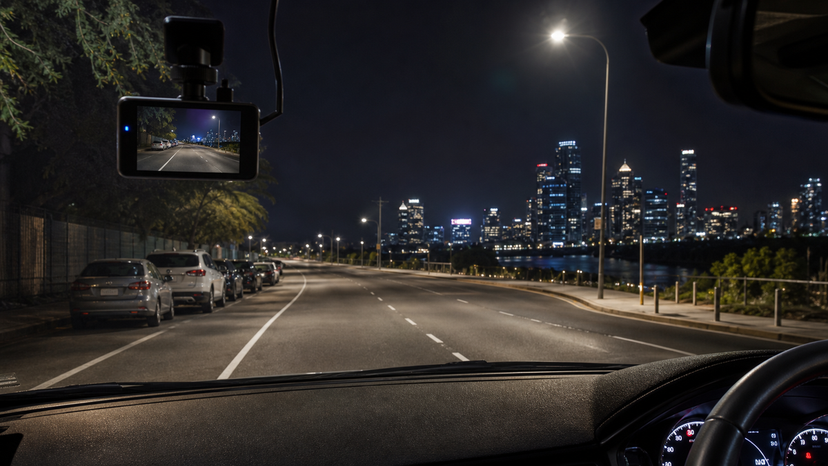 Dash cam recording a well-lit road at night from inside a right-hand-drive car