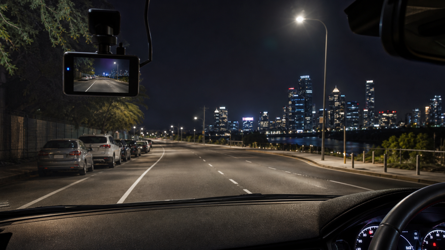 Dash cam recording a well-lit road at night from inside a right-hand-drive car
