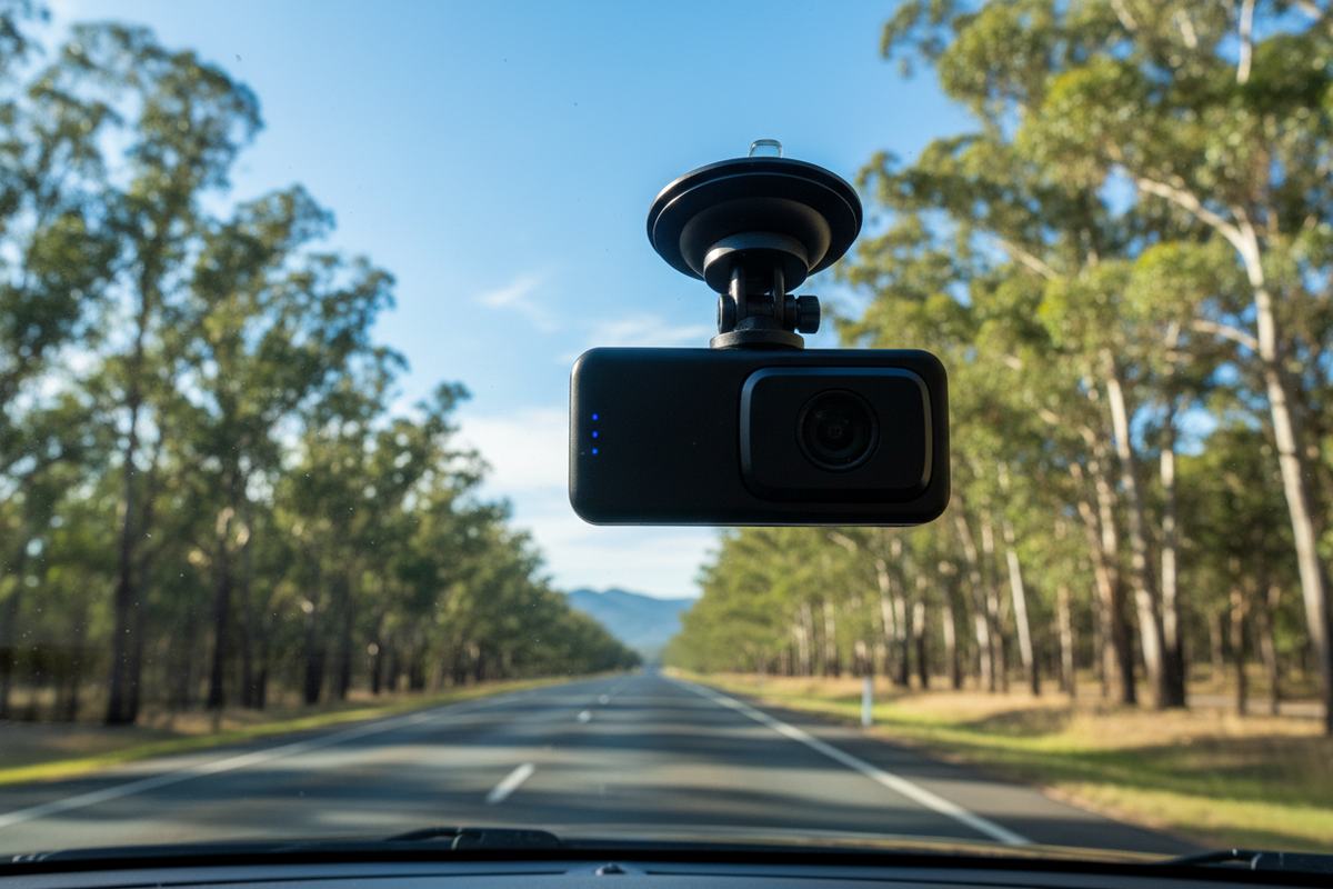 Compact MCNE dash cam installed inside an Australian right-hand-drive car