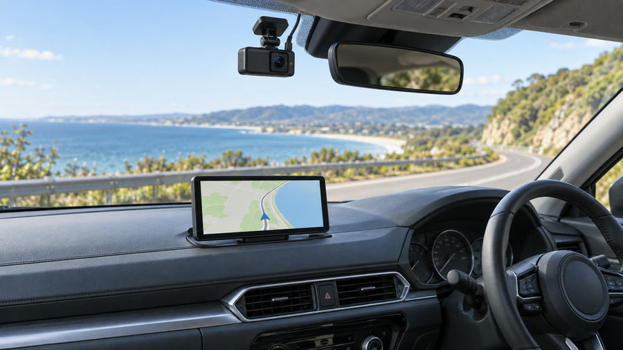 Portable CarPlay display and separate dash camera in an Australian car