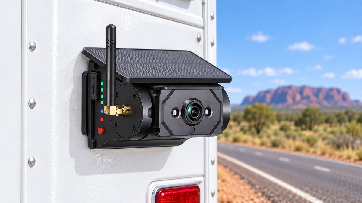 MCNE F25 solar magnetic wireless camera mounted on a caravan for trucks, RVs and trailers