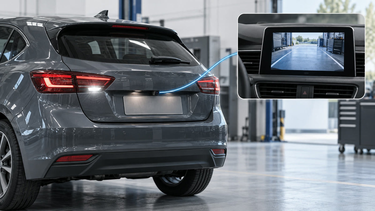 Illustration of a reversing camera signal activating a rear view display