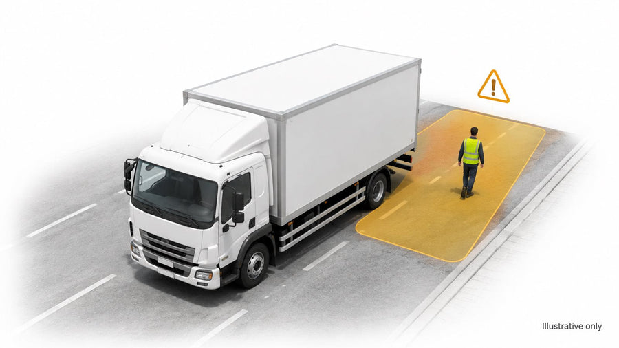 Illustration of a truck beside a pedestrian in an amber blind-spot monitoring area; zone shown for illustration only.