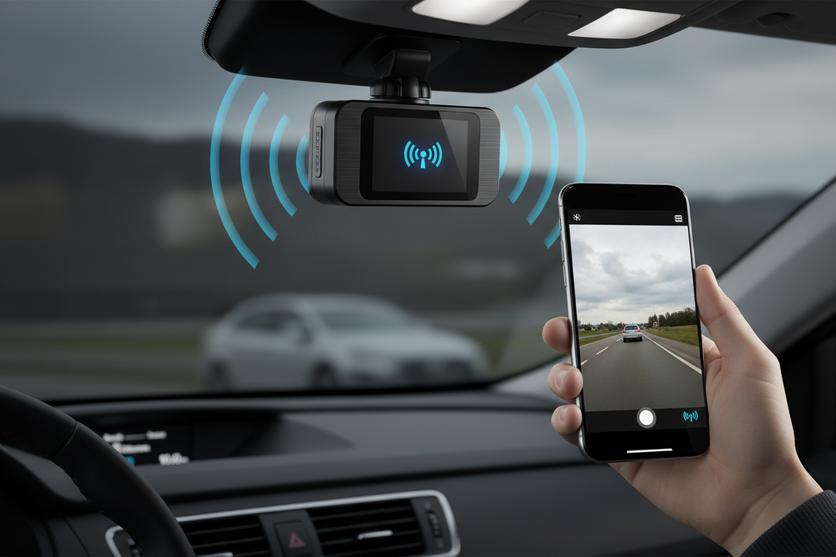 Compact MCNE dash cam connected locally to a nearby smartphone by WiF
