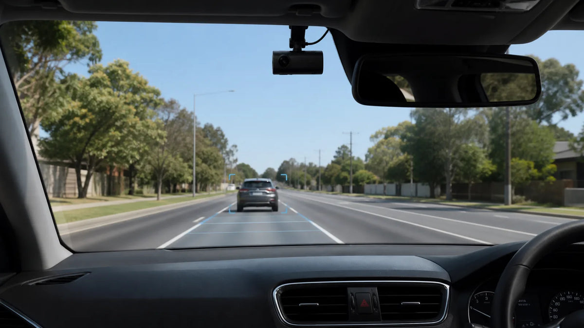 Dash cam using subtle lane and forward-vehicle indicators on an Australian suburban road