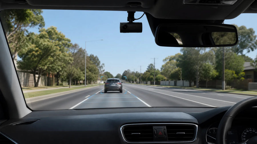 Dash cam using subtle lane and forward-vehicle indicators on an Australian suburban road