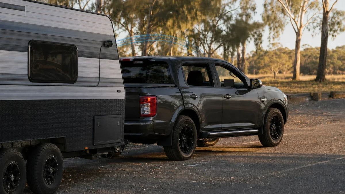 Australian truck and caravan fitted with a vehicle camera monitor system