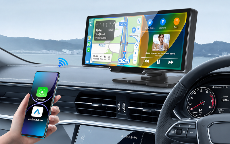 A car dashboard display mounted on the windshield showing a navigation map and media player, with a hand holding a smartphone displaying Carplay and Android Auto interfaces outside the car.