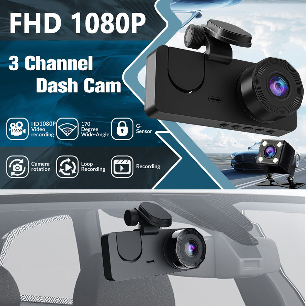 3-Channel Car DVR HD 1080P Vehicle Dash Cam Motion Detection 32GB Card Included