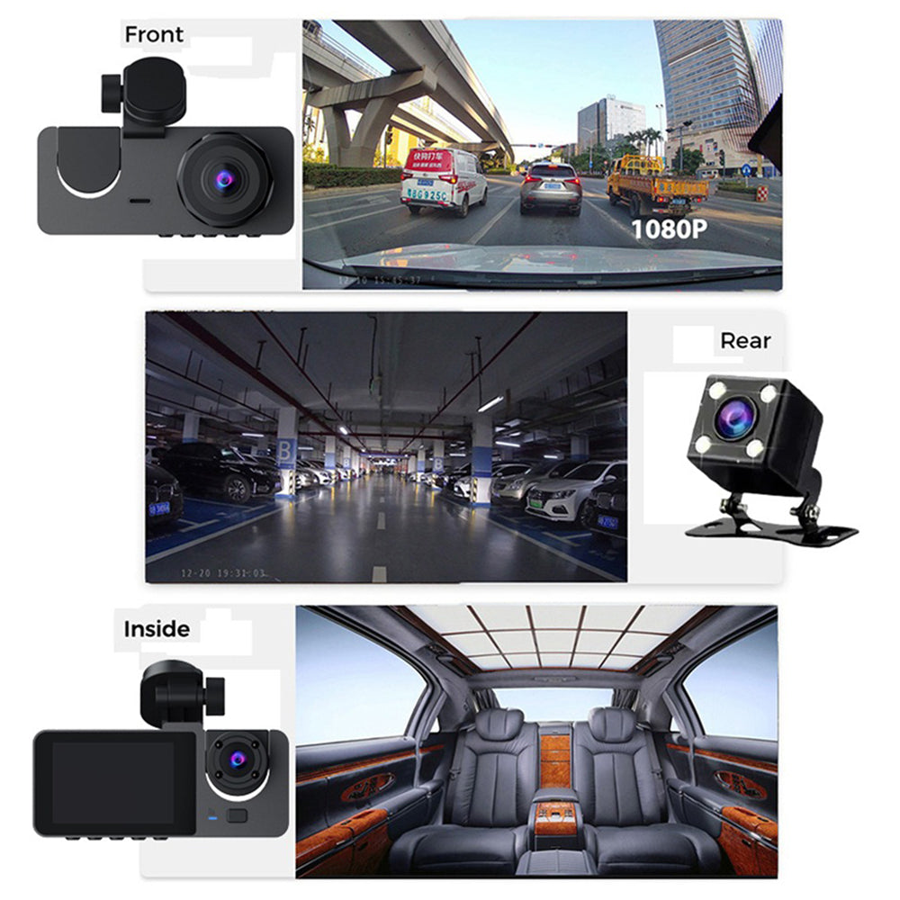3-Channel Car DVR HD 1080P Vehicle Dash Cam Motion Detection 32GB Card Included