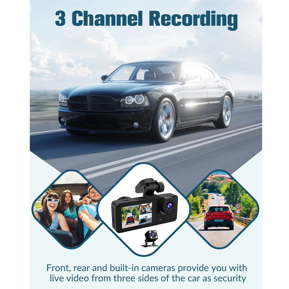 3-Channel Car DVR HD 1080P Vehicle Dash Cam Motion Detection 32GB Card Included