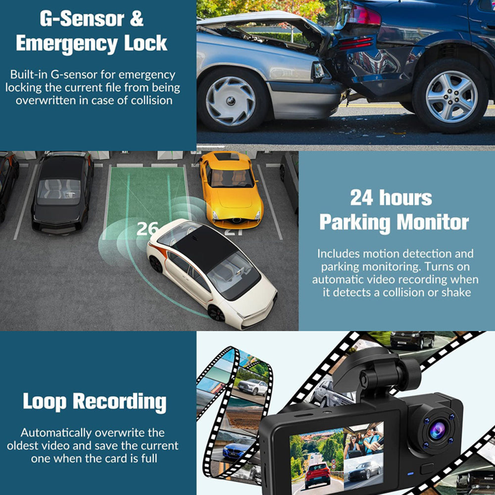 3-Channel Car DVR HD 1080P Vehicle Dash Cam Motion Detection 32GB Card Included