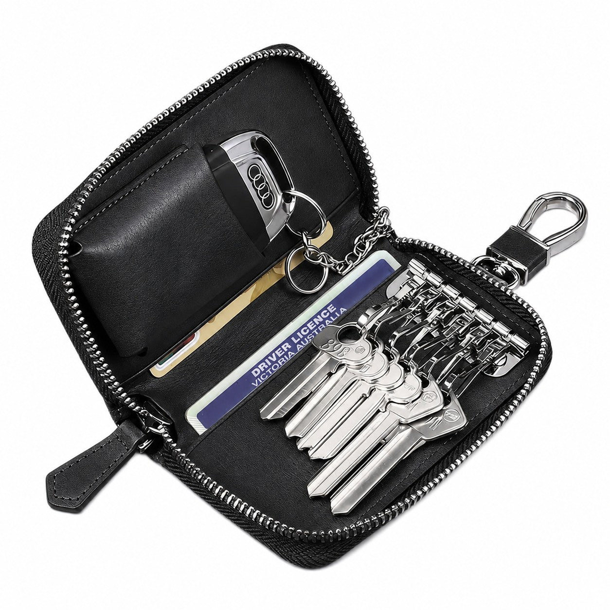 Leather-Look Car Key Organiser Pouch with Zip & Clip – 3 Colours Key Bag – product detail image 10