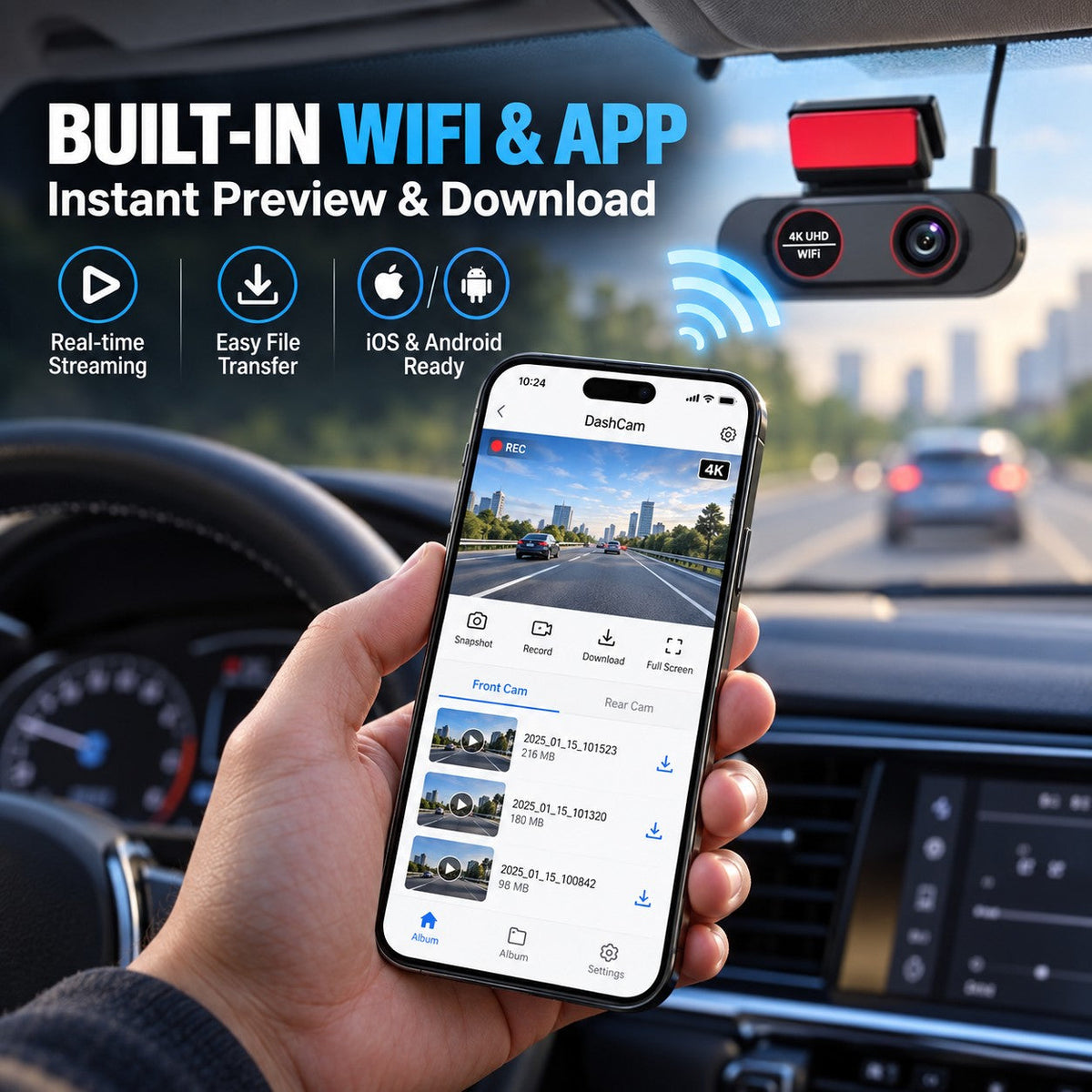 TA-146 built-in WiFi dash cam app for video preview and download