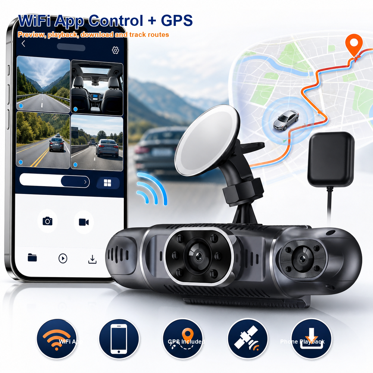 4CH 1080P Full HD WiFi Dash Cameras with GPS Hardwire and 32GB Card