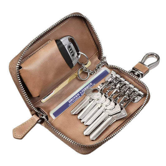 Brown leather-look key organiser pouch open with car key, cards and keys