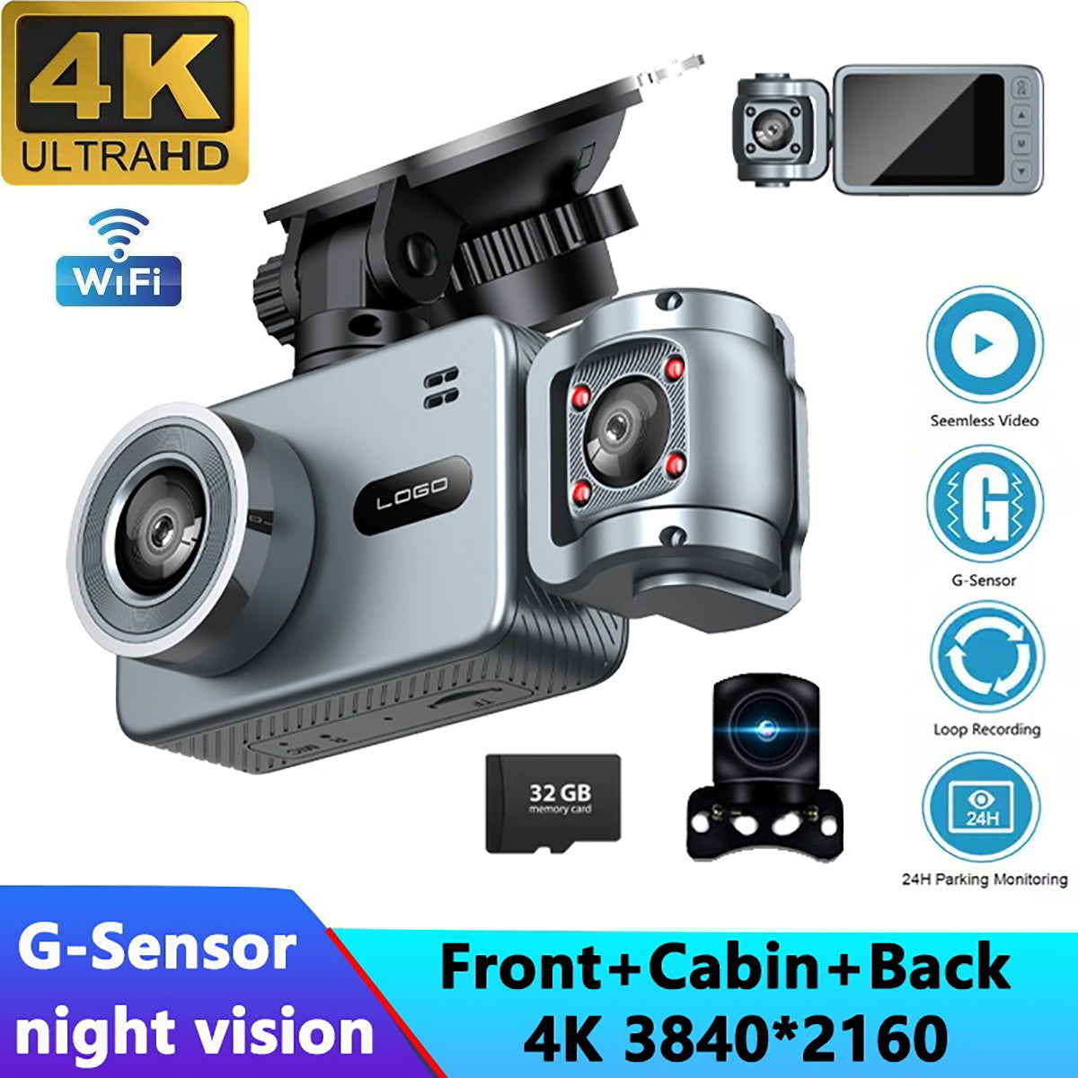 4K Triple Lens Dash Cam Front Cabin Rear Camera WiFi 32GB Card