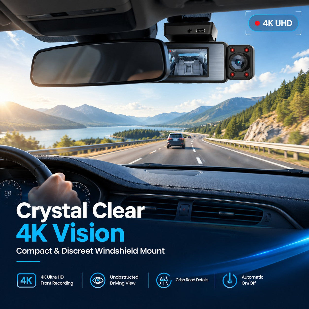 TA-145 compact windscreen-mounted dash cam showing crystal-clear 4K front recording