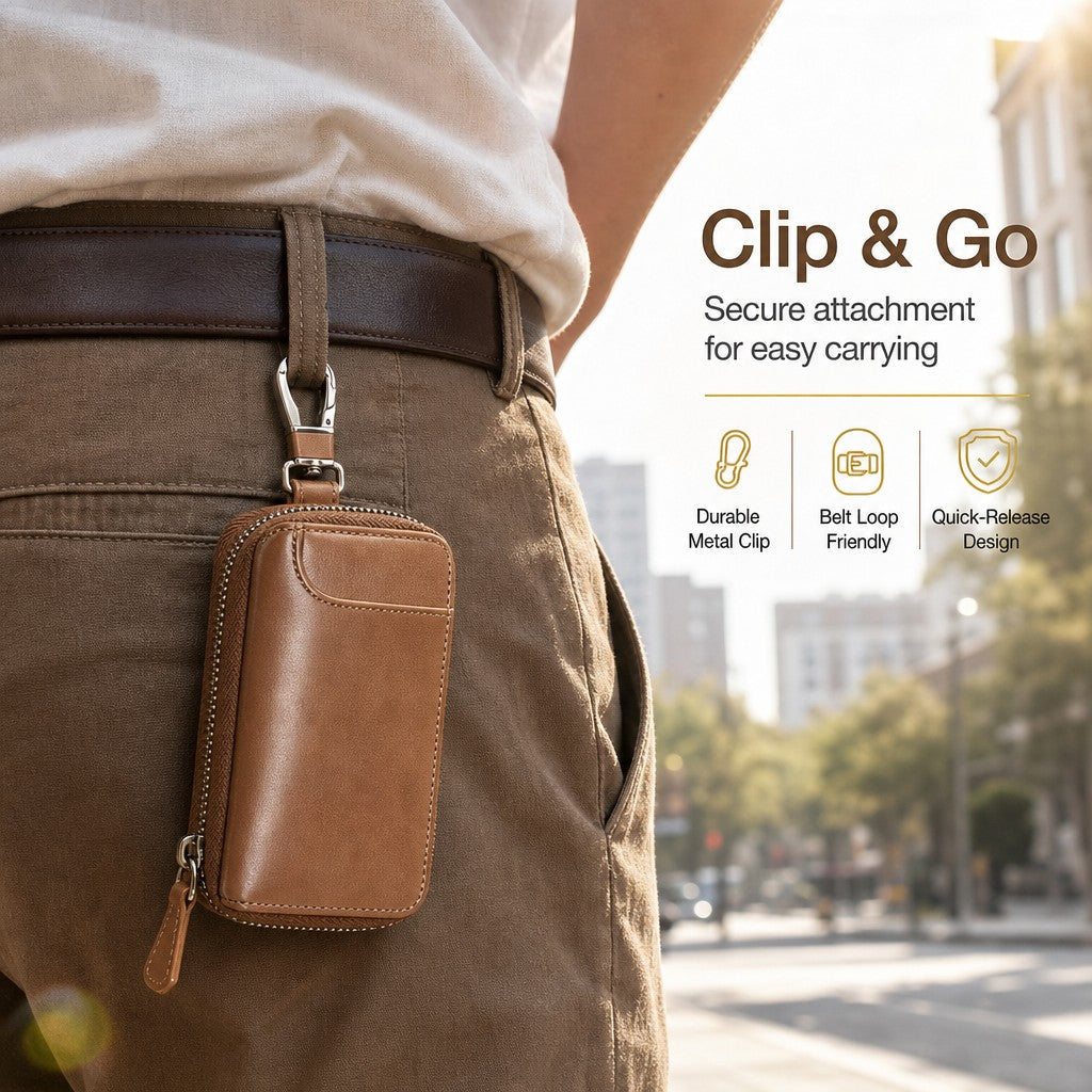 Leather-Look Car Key Organiser Pouch with Zip & Clip – 3 Colours Key Bag – product detail image 5