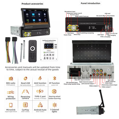 7in Universal Retractable Screen For Apple Carplay AndroidAuto With 12LED Rearview Camera