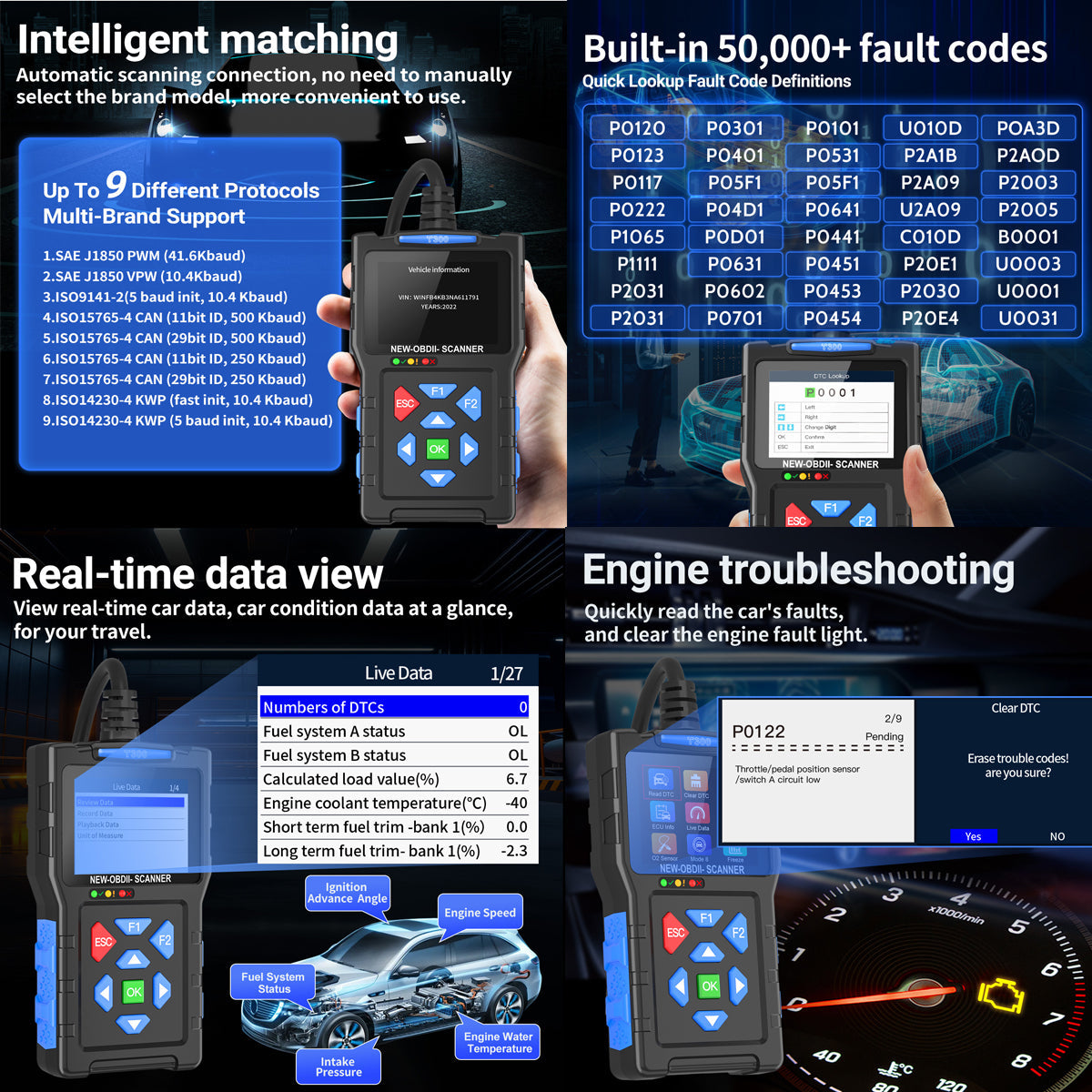 T300 OBD2 Scanner Car Diagnostic Tool - Engine Codes, Live Data, Battery Test, OBDII Code Reader