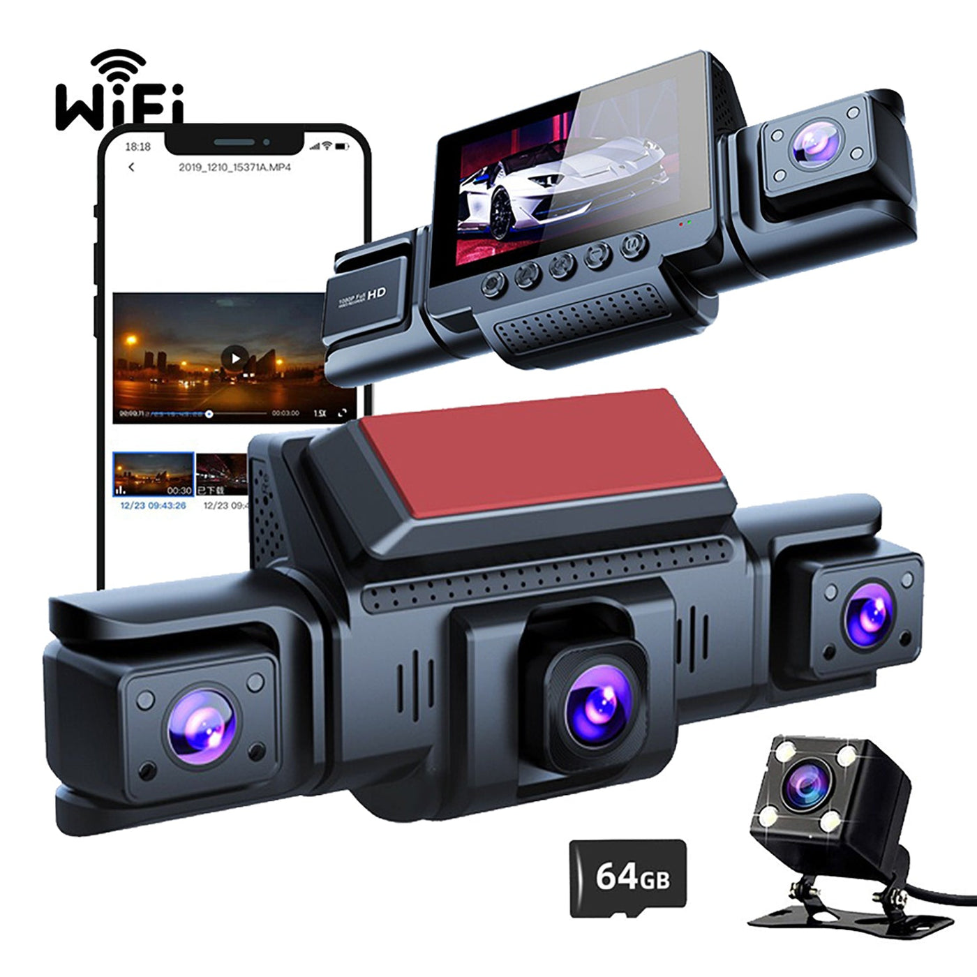 4 Channel 5G WiFi Dashcam FHD 1080P 170° Wide Angle Motion Detection with 64GB Card