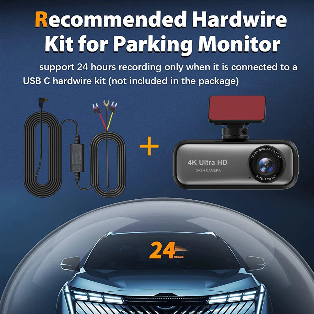 4K Front and Rear Dash Cam WiFi GPS Hardwire Kit 64GB Card