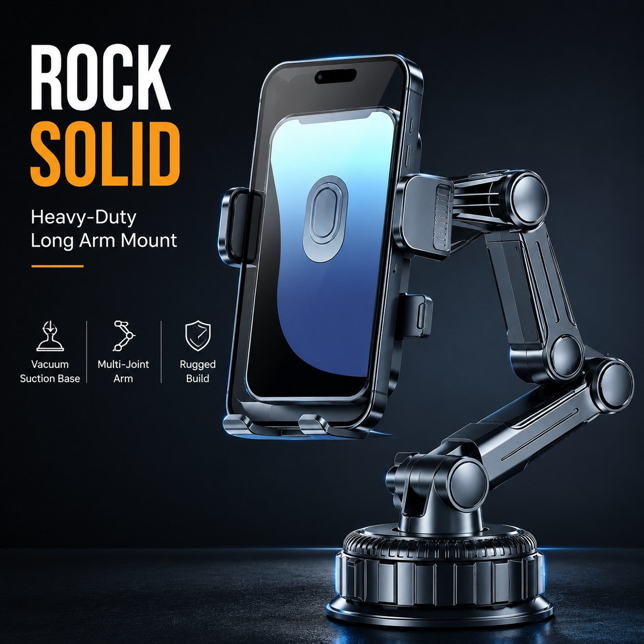 Heavy-duty phone mount with multi-joint arm and suction-cup base