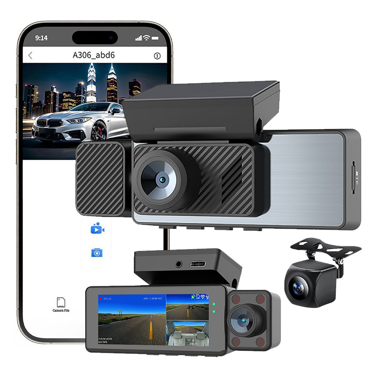 MCNE TA-145 4K 3-channel WiFi GPS dash cam with front, cabin and rear cameras