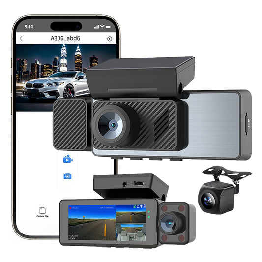 MCNE TA-145 4K 3-channel WiFi GPS dash cam with front, cabin and rear cameras