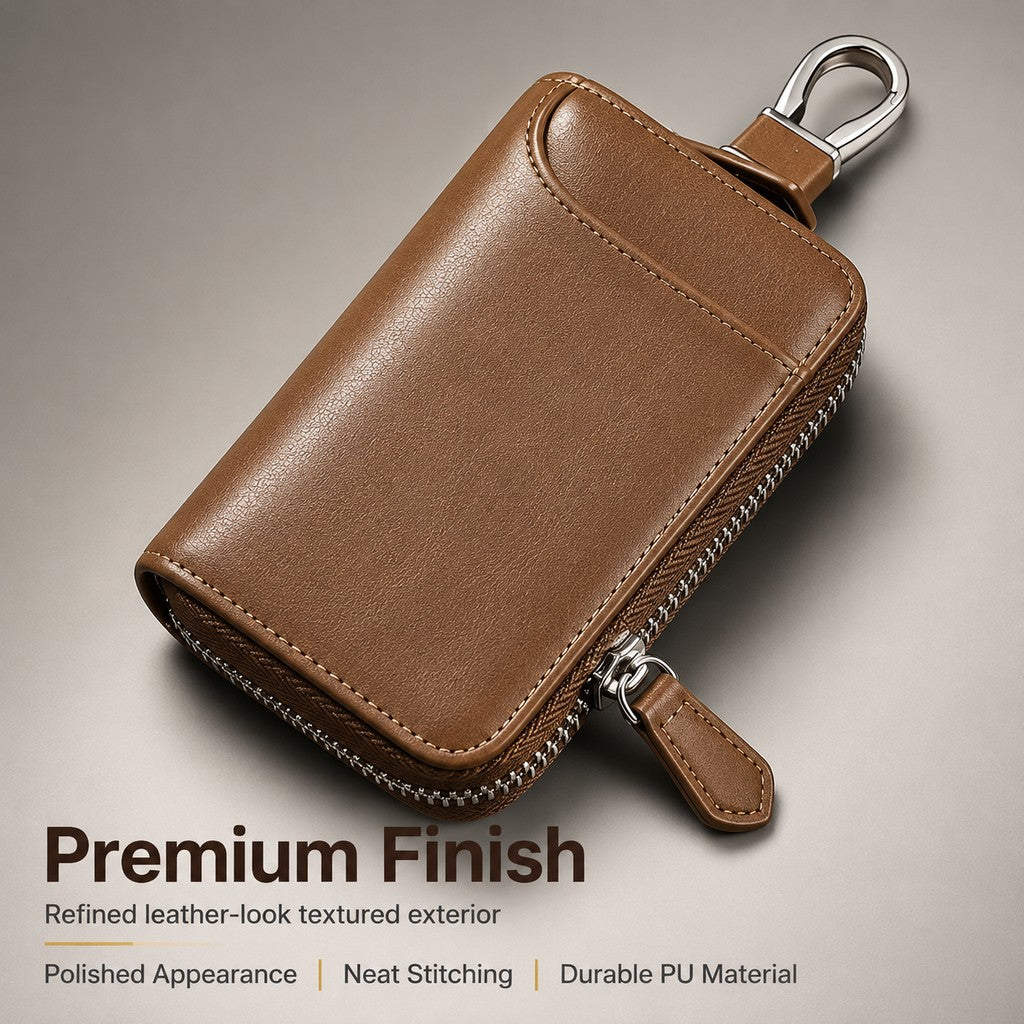 Leather-Look Car Key Organiser Pouch with Zip & Clip – 3 Colours Key Bag – product detail image 3