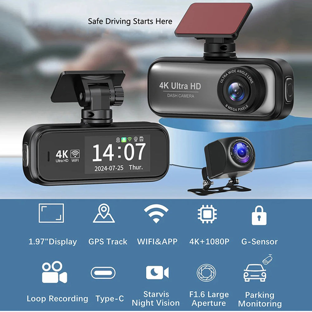 4K Front and Rear Dash Cam WiFi GPS Hardwire Kit 64GB Card