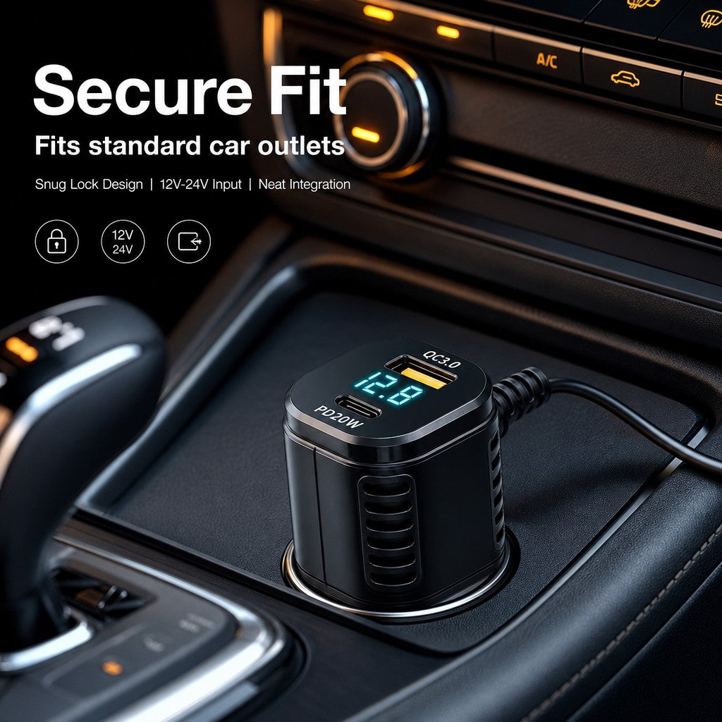 3-Port Dash Cam Car Charger with Voltage Display – QC3.0, PD 20W & 3.5m Right-Angle USB-C Cable