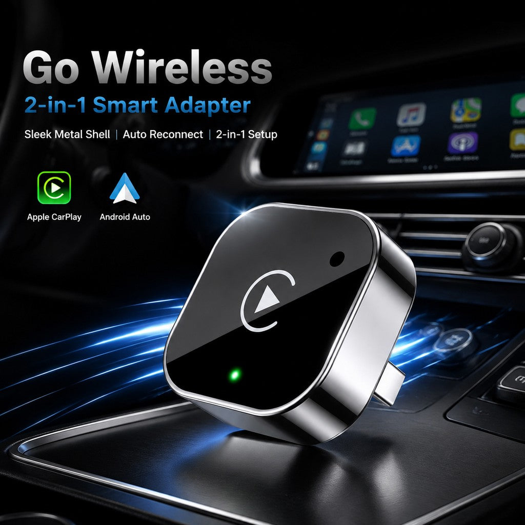 Wireless CarPlay and Android Auto adapter shown in a car interior