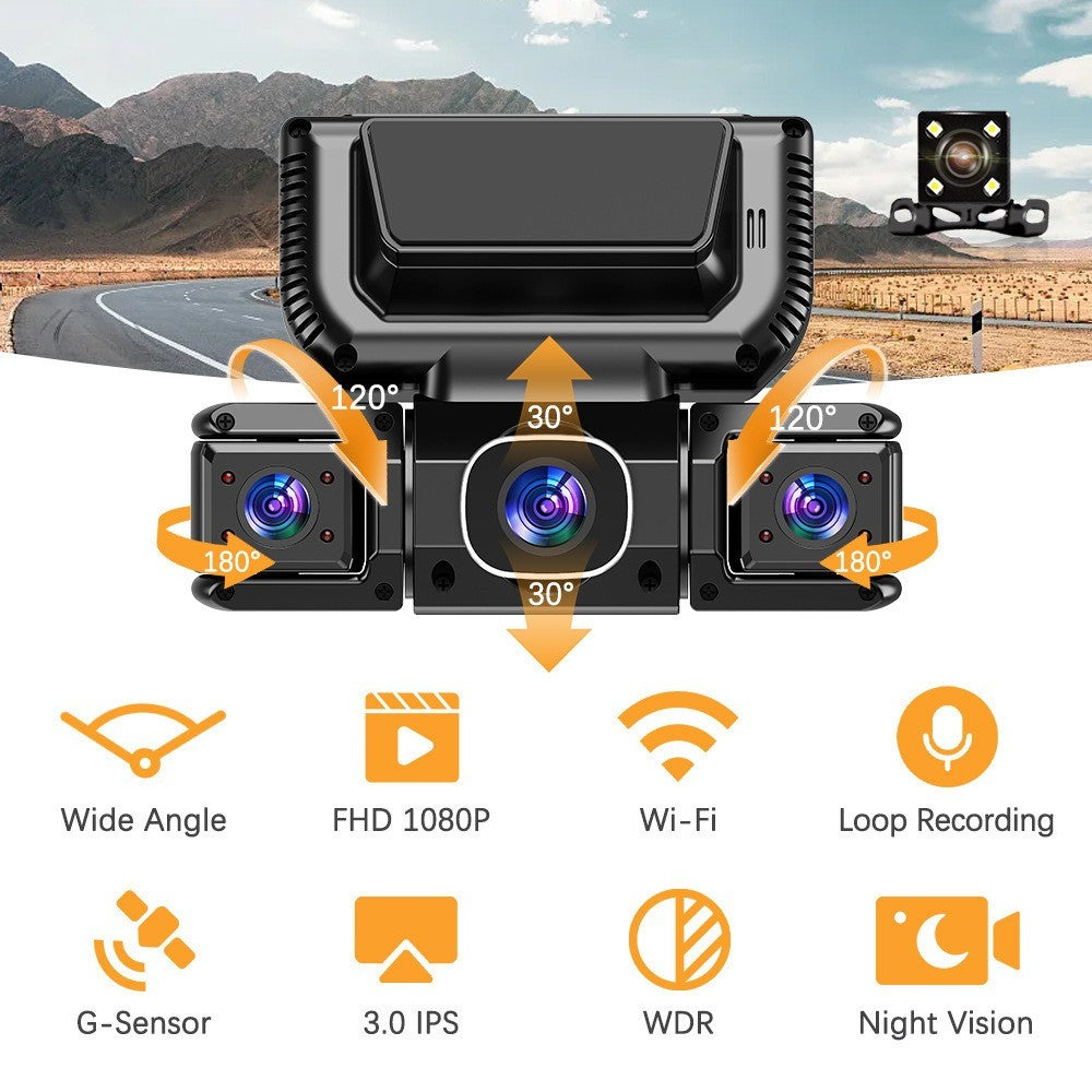 Four-camera 1080P dash cam showing adjustable side cameras and feature icons