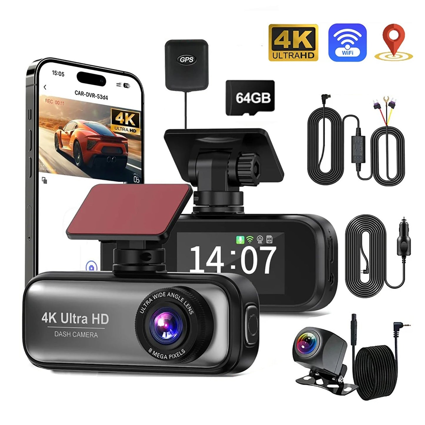 4K Front and Rear Dash Cam WiFi GPS Hardwire Kit 64GB Card